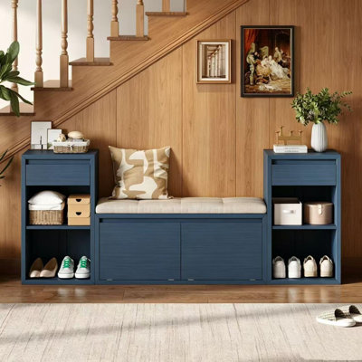 Banc de vestibule 3-en-1 avec 2 compartiments cachés rabattables, 2 tiroirs et tablettes ouvertes réglables, banc à chaussures en bois Farmhouse