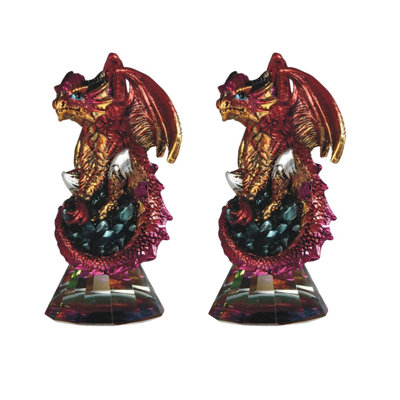 "2-PC Set" ICE ARMOR 4.75"H Red Volcano Dragon Sitting on Grystal Glass Figurine Figurine Statue Ornament Home/Room Decor and Perfect Gift Ideas for House Warming, Holidays and Birthdays Great Collectible Addition