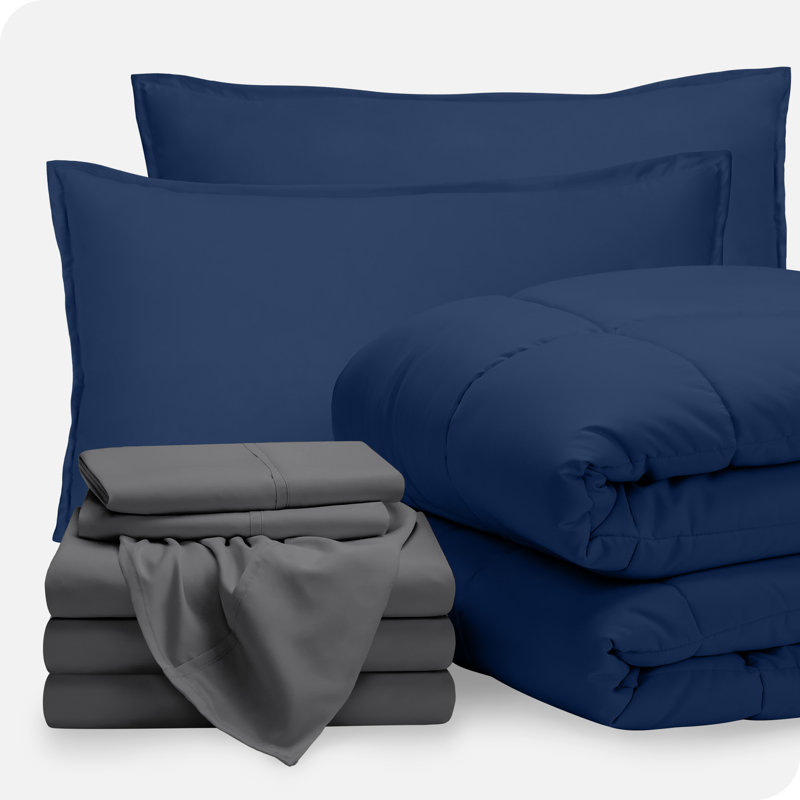 Microfiber Bed-In-A-Bag, Dark Blue/Gray, Split Cal. King Comforter + 7 Additional Pieces