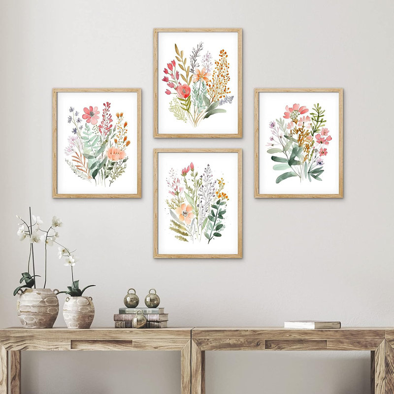 Vibrant Wildflower " IDEA4WALL Framed Colorful Wildflower Forest Bouquet Wall Art, Set Of 4 Nature Wilderness Wall Decor Prints, Botanical Floral Wall Decor For Living Room, Bedroom " 4 - Pieces