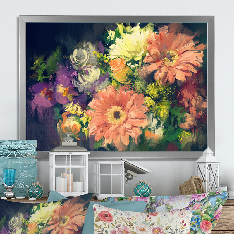 «Grunge Pastel Bouquet Of Flowers», reproduction sur toile, H 8 po x l 12 po x P 1 po, Cadre de coin argenté fermé