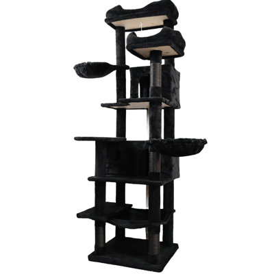 Grand arbre à chat autoportant noir de 68 pouces avec zone de jeu à 6 niveaux pour chats multicolores, coussins de luxe amovibles lavables, poteaux à griffes enveloppés et zones de sieste