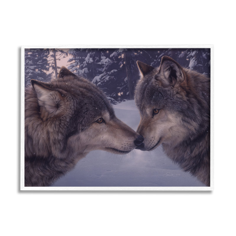 «Wolves Touching Nose Nature» encadré sur bois par Daniel Smith, peinture, H 16 po x l 20 po x P 1,5 po
