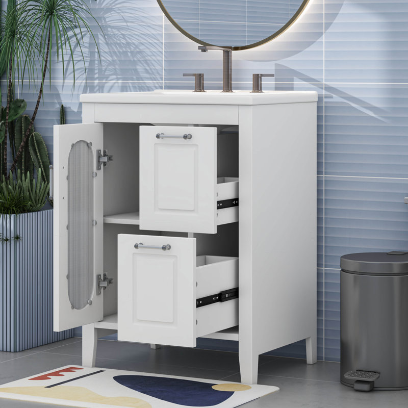 Meuble-lavabo avec tablette réglable et 2 tiroirs, Blanc