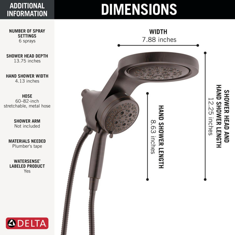 6-Setting HydroRain 2-in-1 Dual Shower Head with ProClean Spray, 1.75 GPM, Venetian Bronze