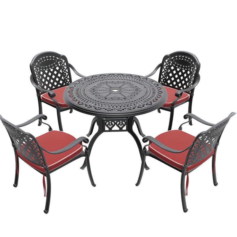 5-Piece Set Of Cast Aluminum Patio Furniture With Black Frame And Red Seat Cushions, 4