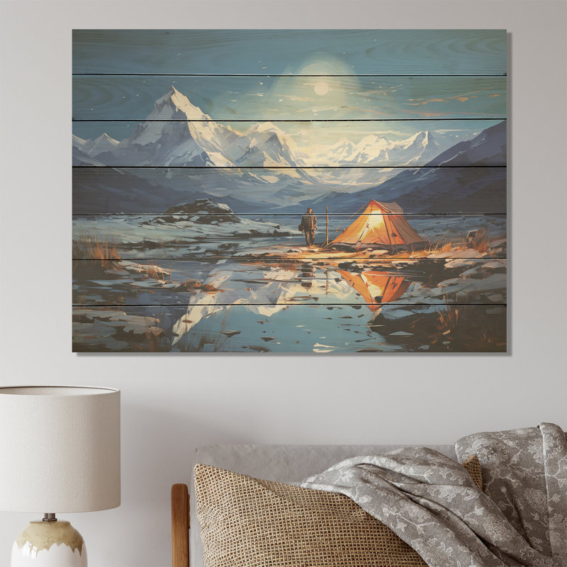 Mountain Camping Solitude III - Camping Travel On Wood Print, 34" H x 44" W