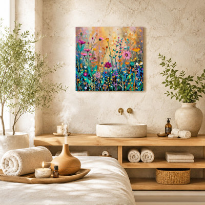 Dreamlike Floral Glow Wrapped Canvas Wall Art – Colorful Wildflower Meadow Botanical Canvas Print, Square Nature Artwork for Living Room, Bedroom & Entryway, Ready to Hang