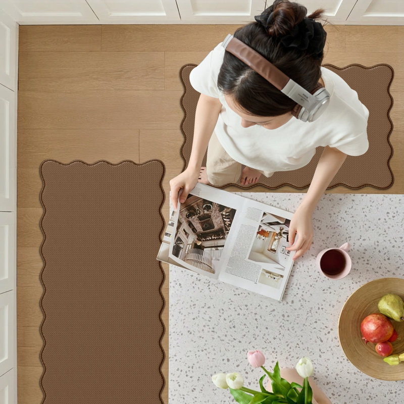 Scalloped Edge Anti Fatigue Kitchen Mats, Rectangle 17.3"x30" + 17.3"x59", Brown