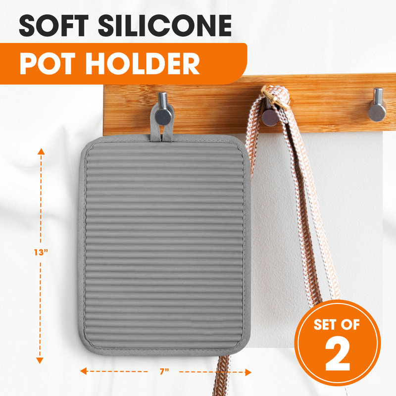 Cheer Collection Silicone Pot Holders, 2 Pack Ribbed Grip and Cotton Lining, Gray
