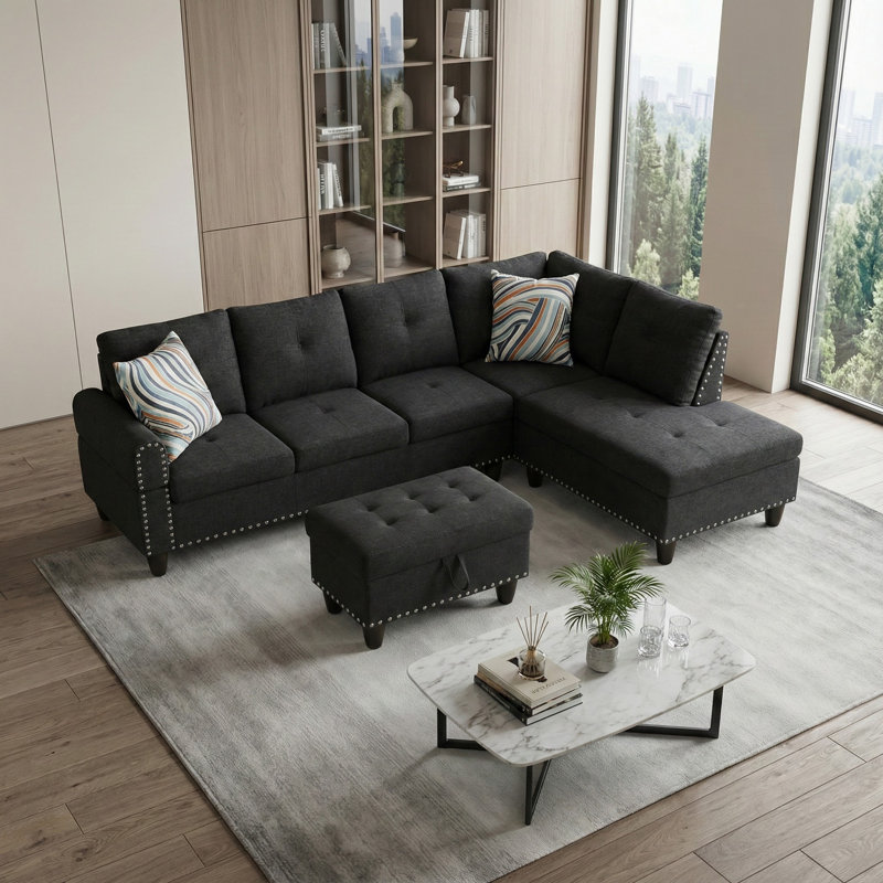 Canapé modulaire rembourré avec table cachée et repose-pieds avec rangement, Microfibre noire, Orienté à droite