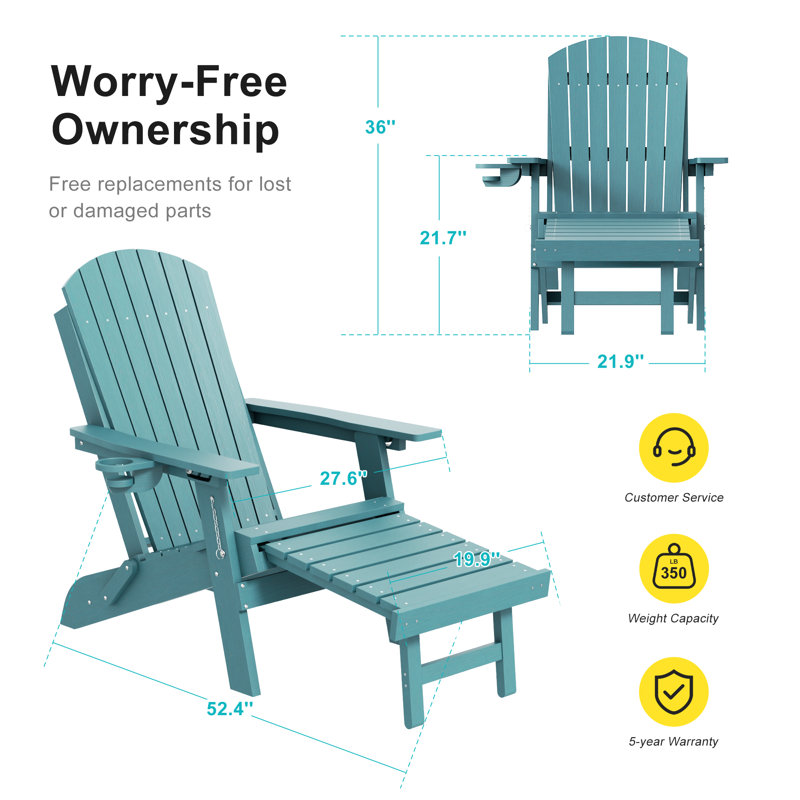 Folding Adirondack Chair with Retractable Ottoman & Cup Holder, 3-Position Adjustable for Patio, All-Weather Outdoor Seating