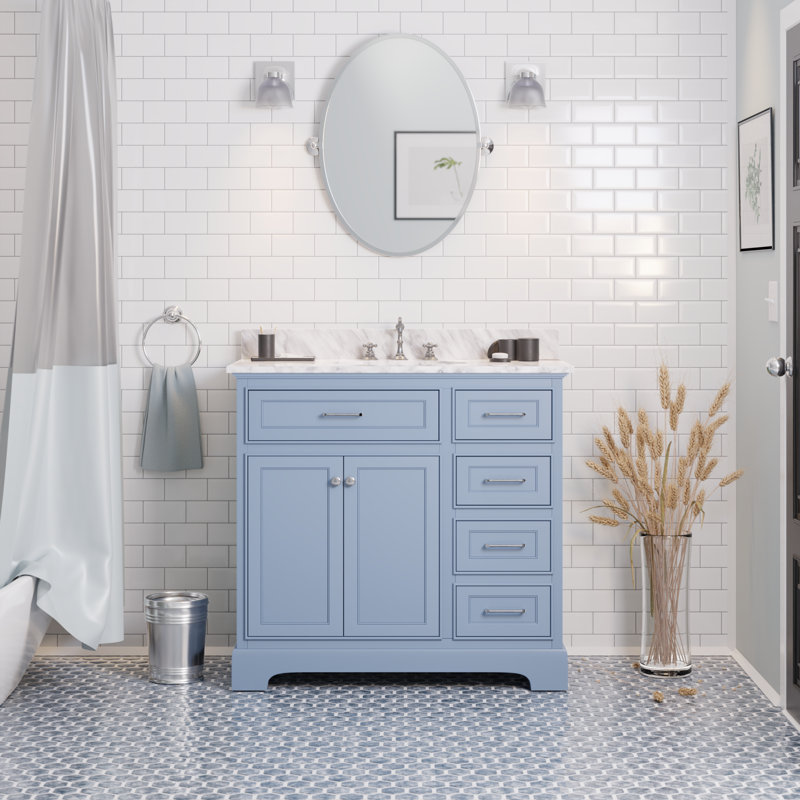 Ensemble de meuble-lavabo simple 36 po Ronnie, Marbre de Carrare, Bleu poudre
