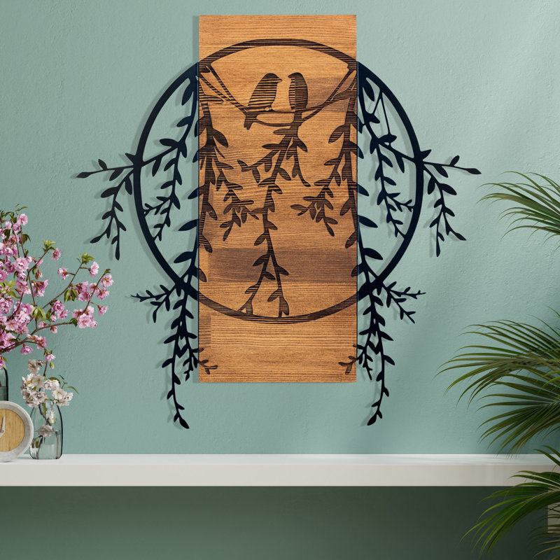 Élégant accessoire mural décoratif en bois, finition noire et noyer, 24,9 po x 25,6 po | Cadre 100% métal (épaisseur: 0,05 po) et dossier 100% bois (épaisseur: 1,2 po) | Parfait pour la décoration moderne, durable et élégante