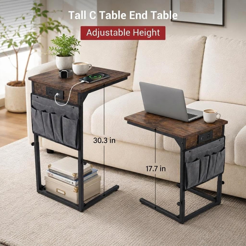 Table d'appoint en forme de C avec station de recharge, table de chevet pour canapé - Organisateur suspendu, petite table d'appoint mince pour salon et coin lecture