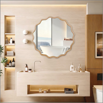 Natural Wood Color 36 inch Wavy Round Solid Wood Frame Decorative Mirror,For Bedroom, Bathroom, Living Room, Entryway