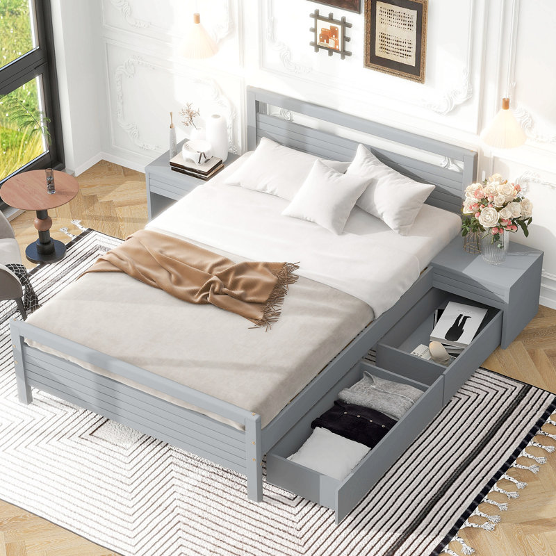 Lit plateforme en bois avec 2 tiroirs de rangement et 2 tables de chevet, Lit double