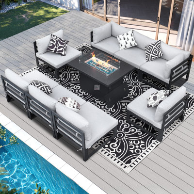 Modern 9-piece Aluminum Patio Conversation Set With Propane Fire Pit Table, 500lb Capacity Heavy-duty Outdoor Sectional Set With Cushions