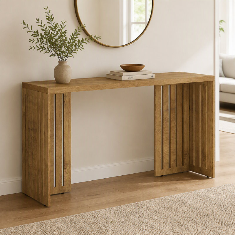 Table de bar rectangulaire de 160 cm (63 po) avec piètement à persiennes et aspect bois rustique, idéale pour la cuisine et la salle à manger.