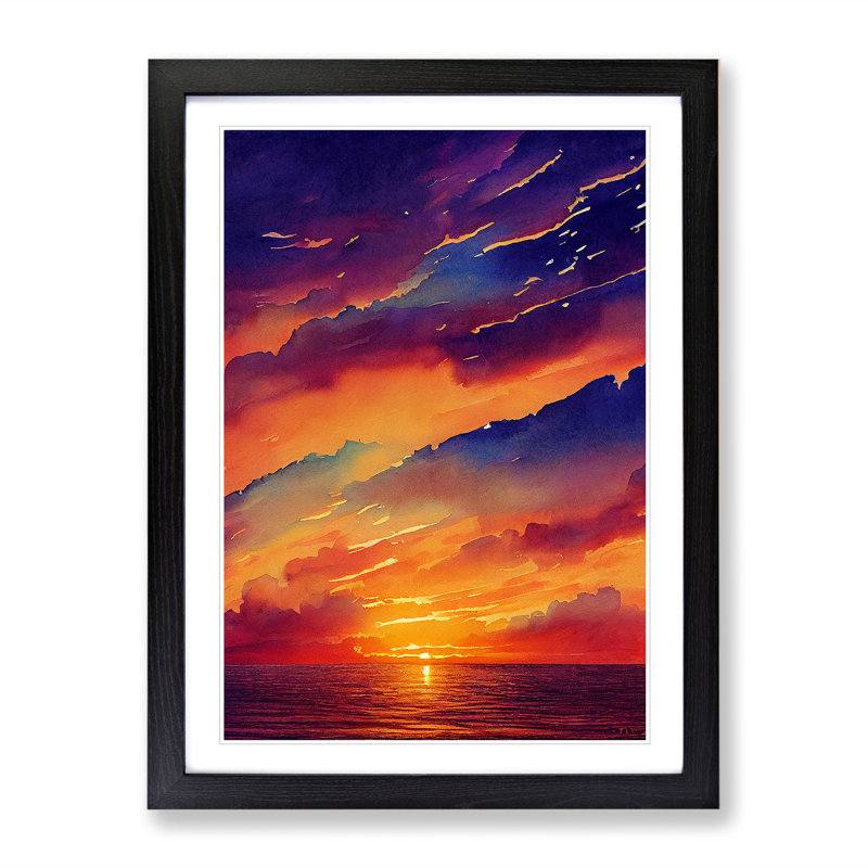 A Vivid Ocean Sunset - Single Picture Frame Print, 64cm H x 46cm W x 2cm D, Black
