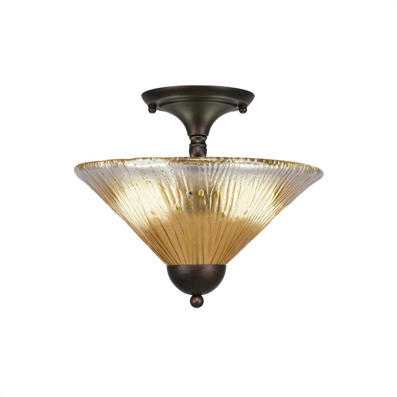 Semi-Flush 2 Bulbs With 12" Amber Crystal Glass, Bronze