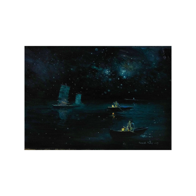 Balade en bateau la nuit dans la mer calme | Huile sur papier | Par Farukh S Nadaf
