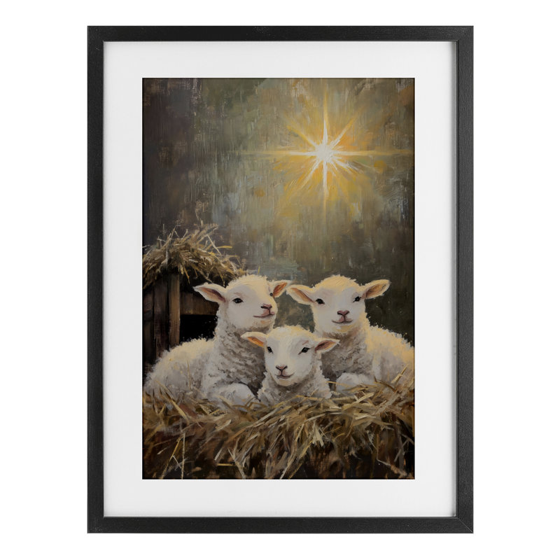 «Festive Lambs in Stable», reproduction encadrée sous verre, design par Petal Prints Design, H 20 po x l 14 po