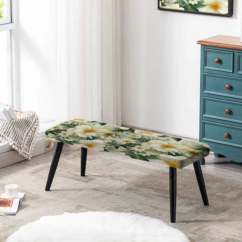 Boho Botanical Oasis Palm III - Tropical Upholstered Black Bench