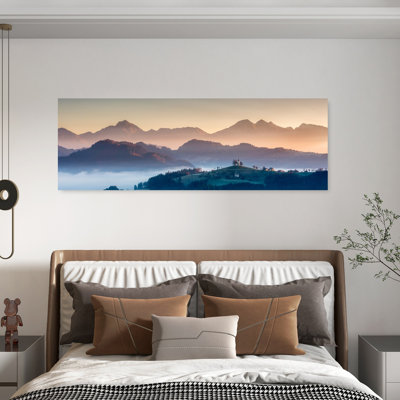 «Misty Mountain Church Sunrise Dreamy Peaceful Serene Forest Landscape», art mural