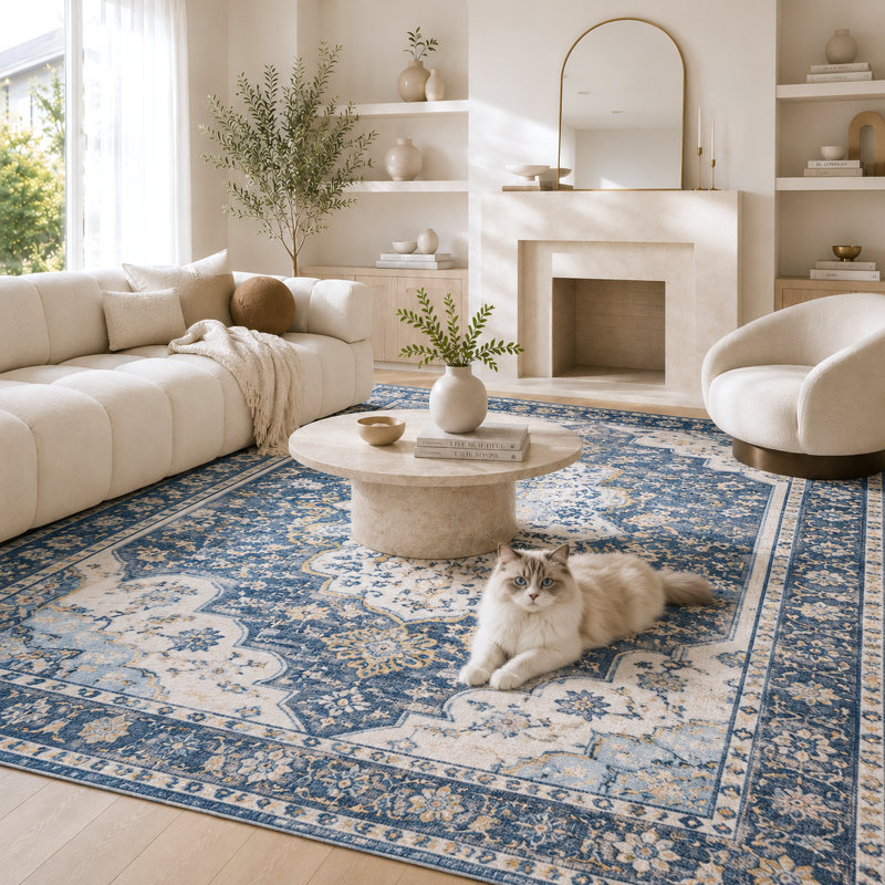Vintage Persian Area Rug, Blue Floral Indoor Outdoor Carpet, Washable Durable Rug for Living Room, Dining Room, Hallway, Entryway, Farmhouse Decor