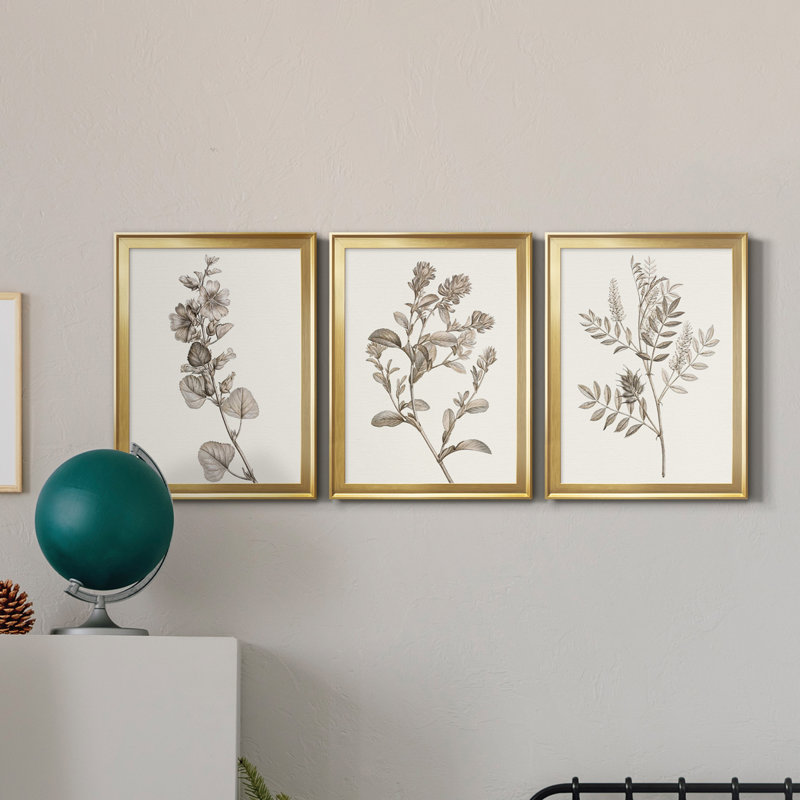 Neutral Botanical Study I - Ensemble de 3 impressions sur toile encadrées, H 22,5 po x l 91,5 po x P 1,5 po, Doré