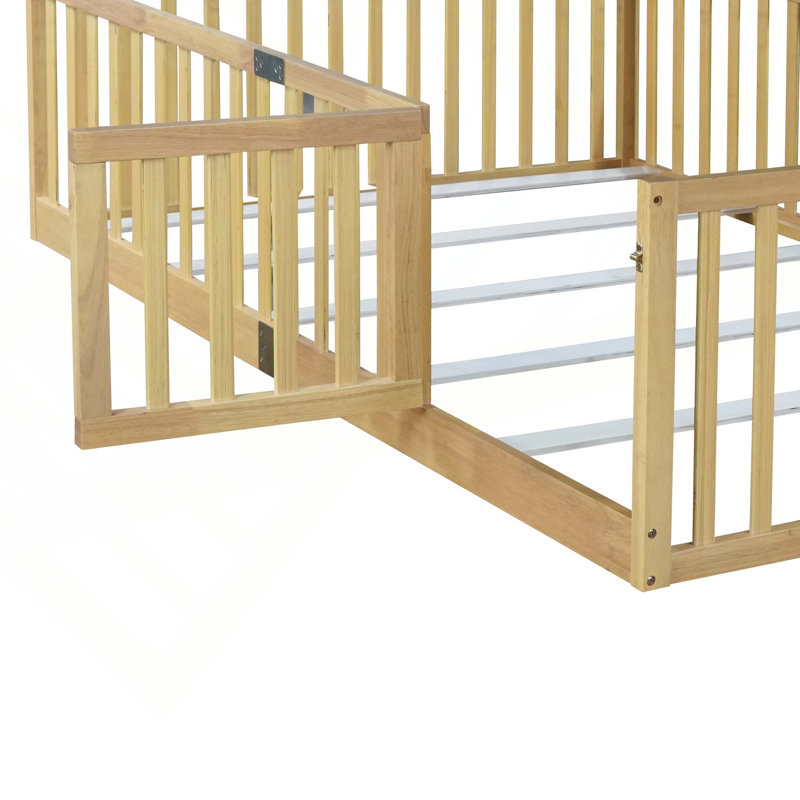 Lit en bois d'hévéa avec garde-corps et garde-corps de sécurité, Full, Natural