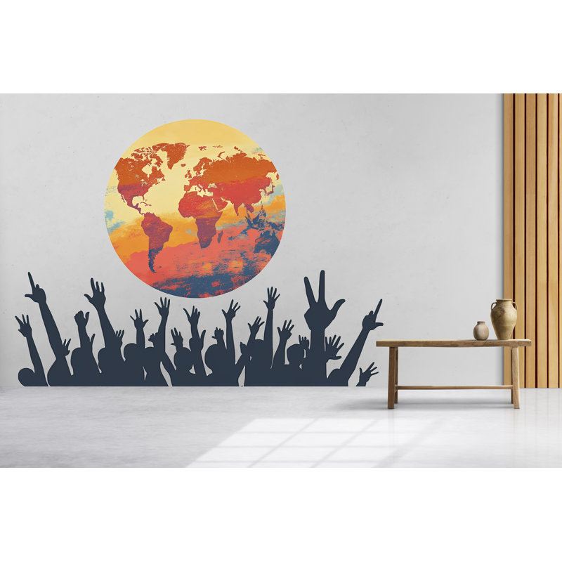 World Map Wall Decal With Raised Hands, Global Unity Wall Mural, Classroom Office Decor, Diversity Art Sticker, 143Gm