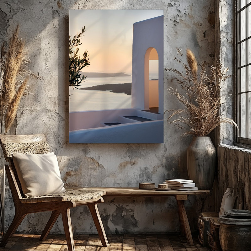 Toile, scène architecturale sereine avec fenêtre arquée blanchie, art mural encadré "Paysage marin tranquille à l'aube"