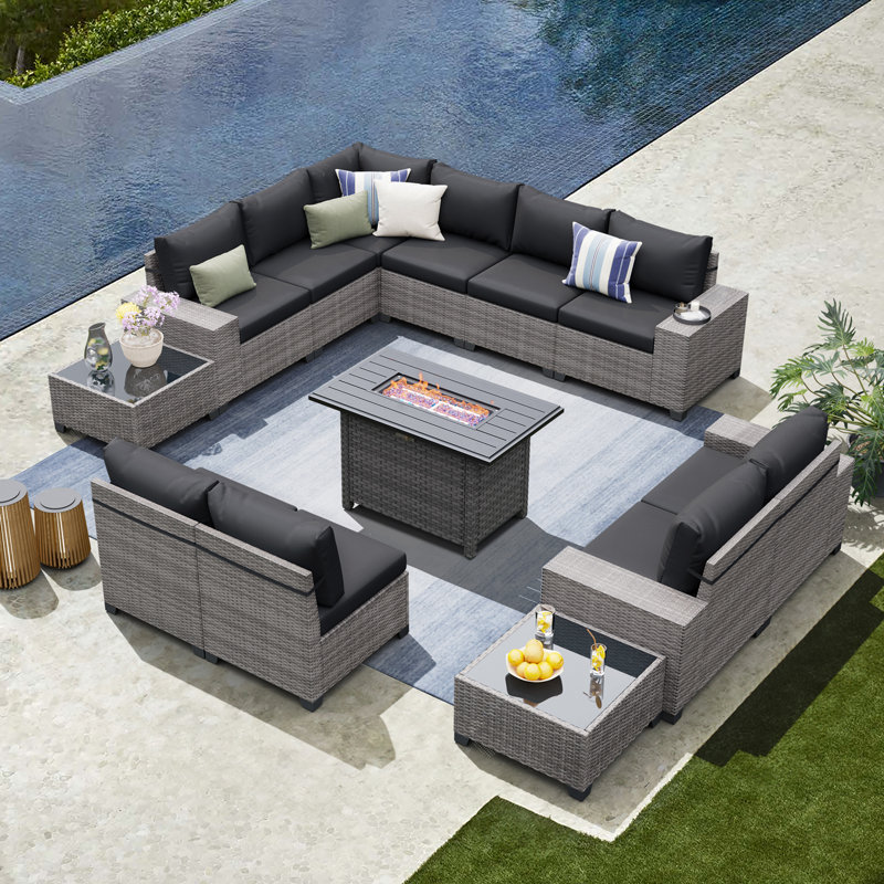 10 - Person Outdoor Rattan Seating Group With Cushions, Black, Yes