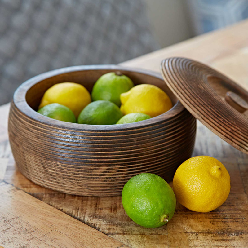 Makula Natural Mango Wood Bowl with Lid, 9cm H x 21cm W x 21cm D