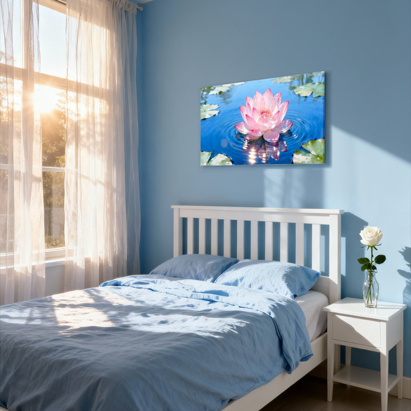 Ensemble de 1 tableau sur toile tendue représentant un nénuphar rose se reflétant sur une eau bleue., H 12 po x l 18 po