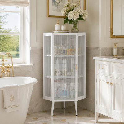 Modern Corner Cabinet with Tempered Glass Doors and Shelves for Bathroom, Living Room, and Bedroom Storage