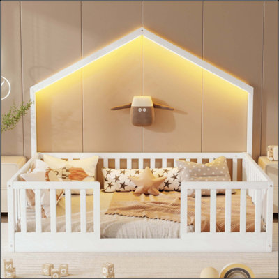 Floor Bed With High Rails, Wooden Montessori Bed With Light For Kids, Boys And Girls