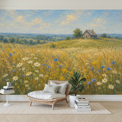 Wall Mural Peel and Stick Wallpaper Wildflower Meadow Under Soft Sky Rustic Landscape Self-Adhesive Removable Contact Paper Wall Decor for Living Room Bedroom 100"H x 144"W