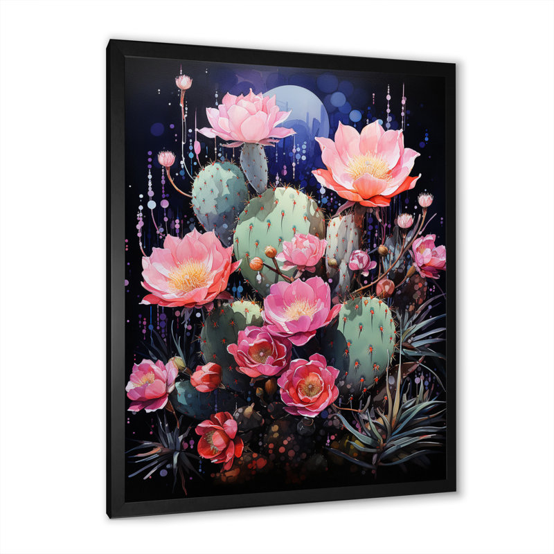 Rose, vert, cactus, désert, royauté, grand - Art floral et botanique sur toile, Cadre photo noir, H 20 po x l 12 po x P 1 po