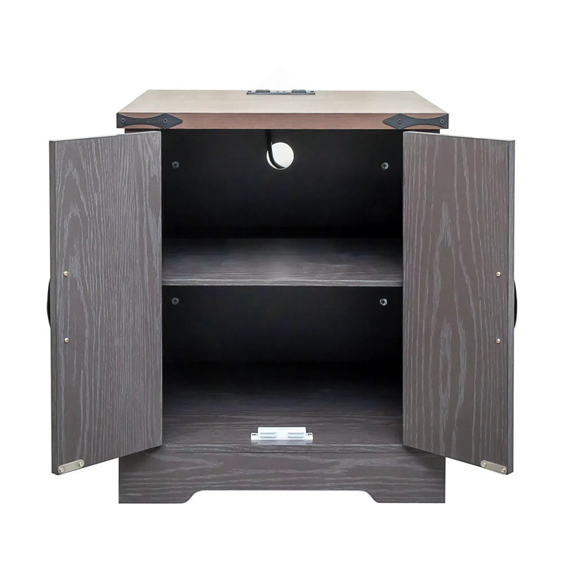 Table de bout de ferme avec station de charge, table de chevet en bois rustique avec tablette réglable ON-TREND, table d'appoint polyvalente en noyer avec portes de grange et charnières rétro pour chambre à coucher, salon, gris