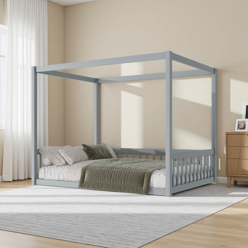 Lit double en bois d'hévéa avec clôture et garde-corps, Gris