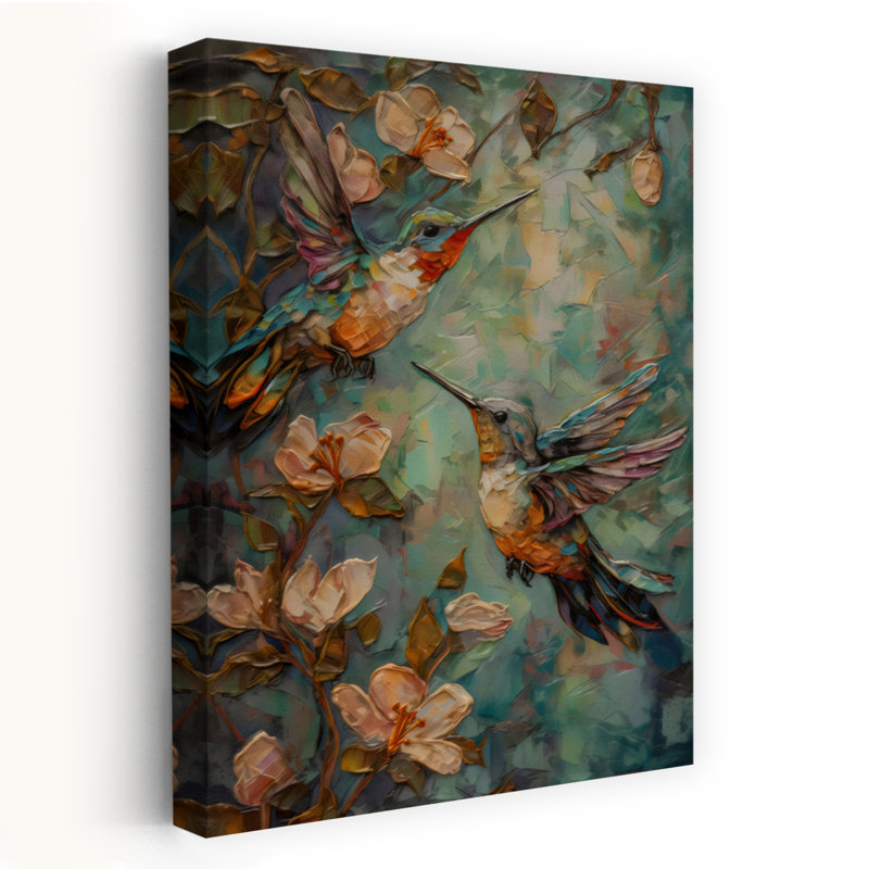 Art mural abstrait contemporain avec colibris, 60" H x 40" W