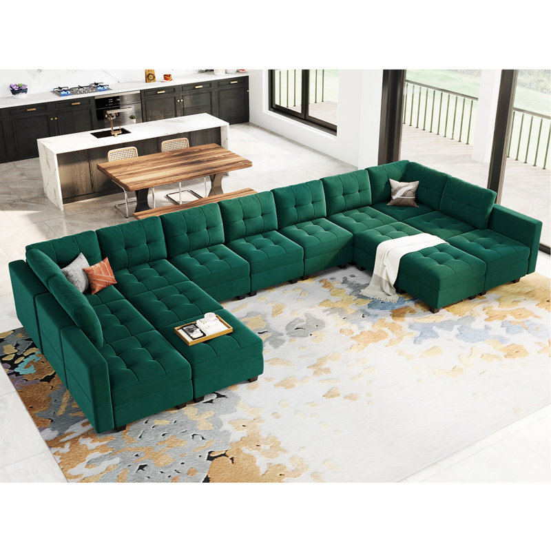 Canapé modulaire rembourré 16 pièces Soneson, Velours vert foncé