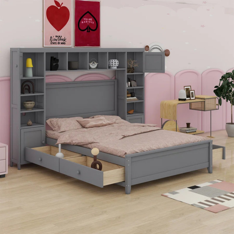 Bed With All-In-One Cabinet And Shelf, Grey