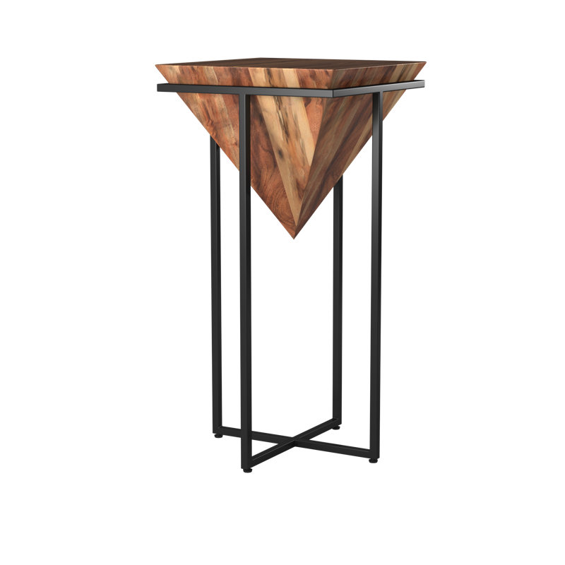 Cherine Pyramid Shape Acacia Wood Side Table With Cross Iron Base, Brown and Black, 30" H x 15" W x 15" D