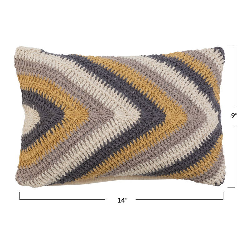 Cotton Crocheted Lumbar Pillow With Chevron Pattern