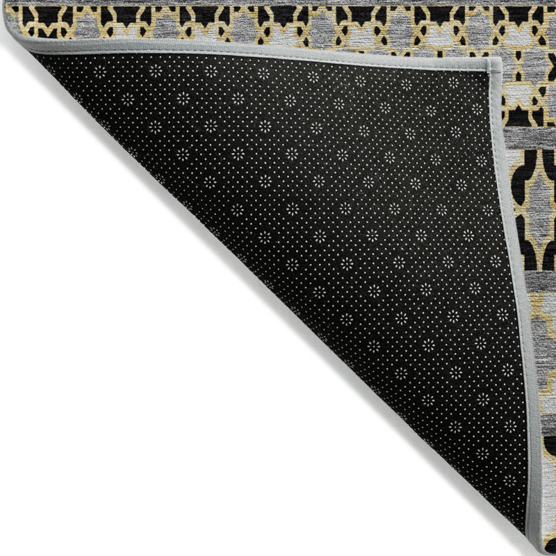 3' X 5' Charcoal Gray And Gold Quatrefoil Washable Indoor Outdoor Area Rug