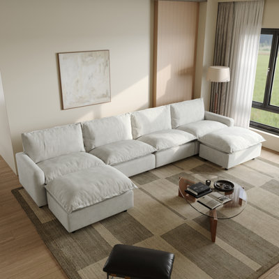 Canapé modulaire rembourré 6 pièces en tissu de lin avec repose-pieds 6 pièces